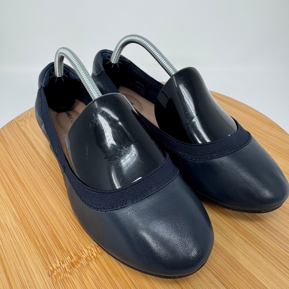 Lands' End Navy Blue Leather Ballet Flats Elastic Topline Shoes 7B V15566/F25254